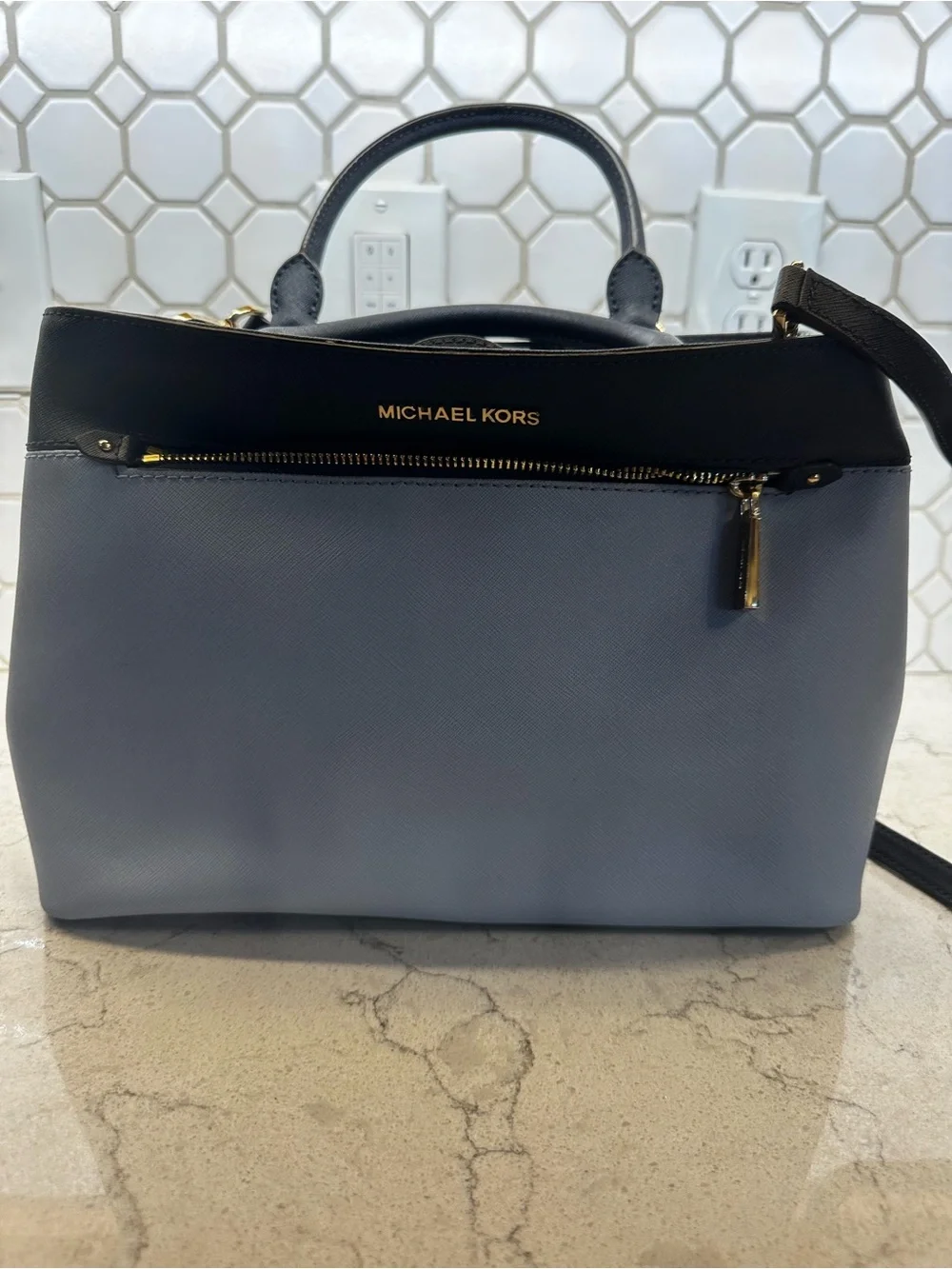 Michael Kors Light Blue and Black Saffiano Leather Satchel